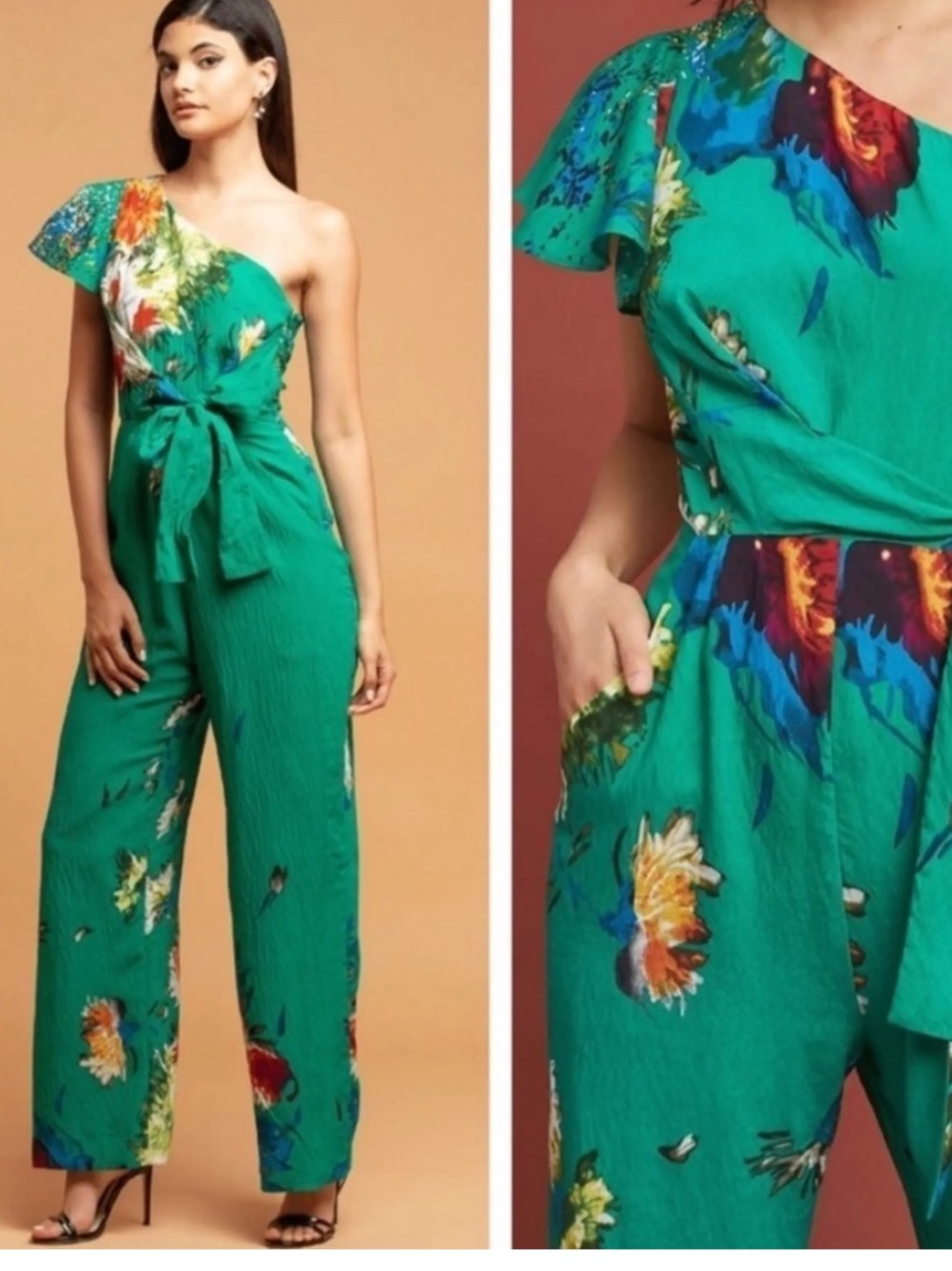 Eva Franco Emerald One-Shoulder Floral Jumpsuit
